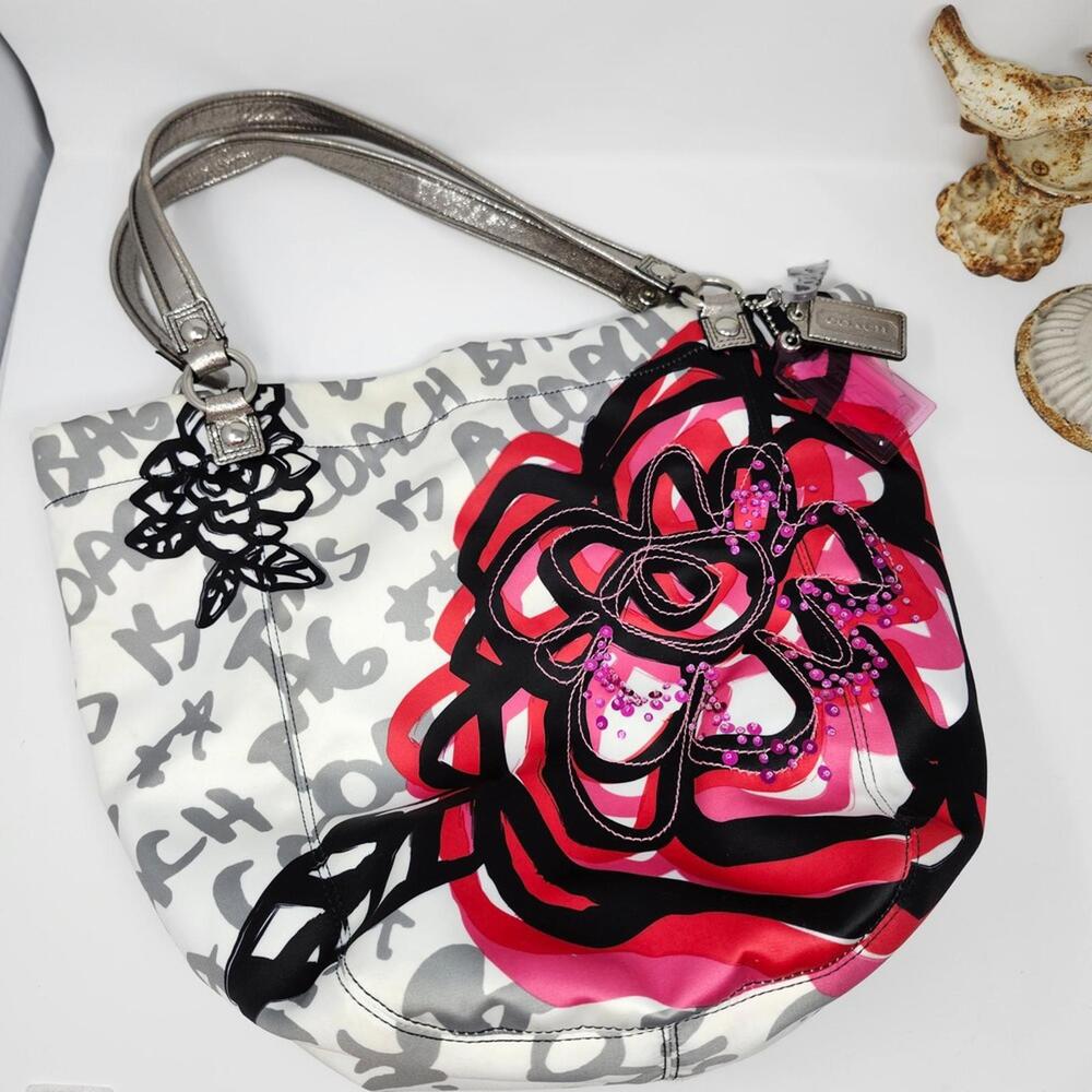 Coach Graffiti Floral Applique Tote Purse Vintage Poppy Hot Pink Lining